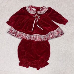 Rose cottage red velour white lace dress bloomer set holiday Christmas 0/3m
